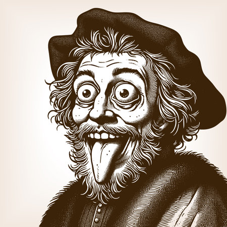eccentric old man with wild hair, beard, and hat, sticking his tongue out comically sketch engraving generative ai fictional character raster illustration. Scratch board imitation. Black and white.の素材