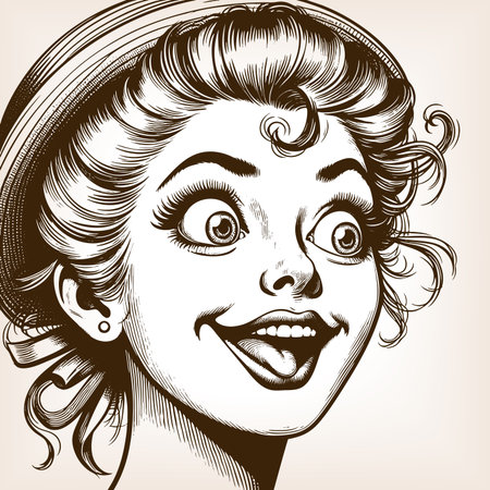 cheerful young woman with curly hair, expressive wide eyes, and tongue playfully sticking out sketch engraving generative ai fictional character raster illustration. Scratch board. Black and white.の素材