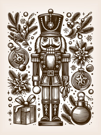 nutcracker soldier surrounded by Christmas ornaments, pine branches, poinsettias, and a wrapped gift sketch engraving generative ai raster illustration. Scratch board imitation. Black and white image.の素材