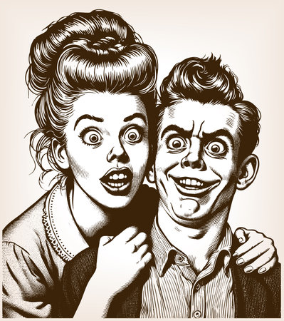 quirky couple with wide-eyed surprised expressions, exaggerated features, humorous comic style sketch engraving generative ai fictional character raster illustration. Scratch board. Black and white.の素材