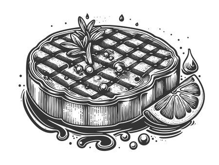 grilled steak with garnish, lemon slice, and seasoning, representing barbecue, cooking, and gourmet cuisine sketch engraving vector illustration. Scratch board. Black and white image.のイラスト素材