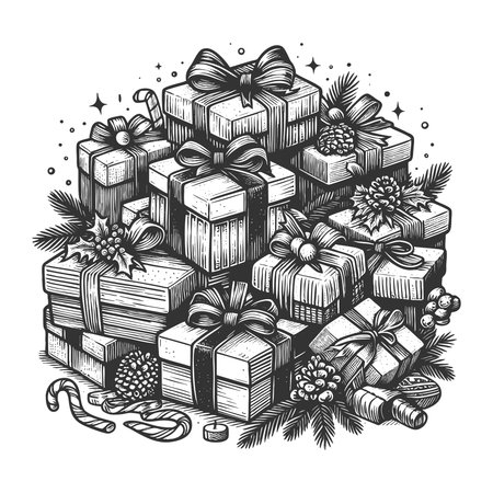 pile of decorated gift boxes tied with ribbons and bows, symbolizing celebration, holidays, and giving sketch engraving generative ai vector illustration. Scratch board imitation. Black and white.の素材