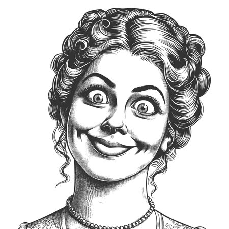 woman with wide eyes and a big smile, expressing excitement, surprise, in a vintage style sketch engraving fictional character raster illustration. Scratch board. Black and white.の写真素材