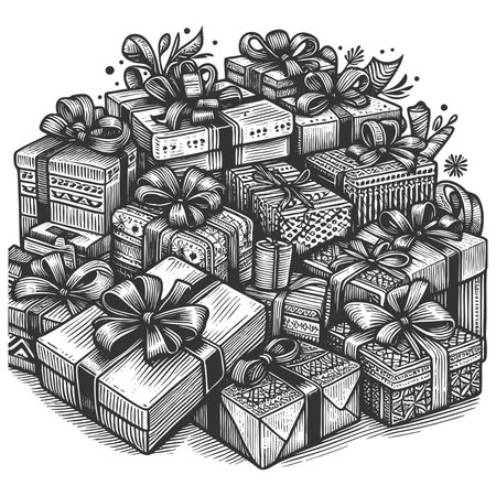 pile of decorated gift boxes tied with ribbons and bows, symbolizing celebration, holidays, and giving sketch engraving generative ai vector illustration. Scratch board imitation. Black and white.の素材
