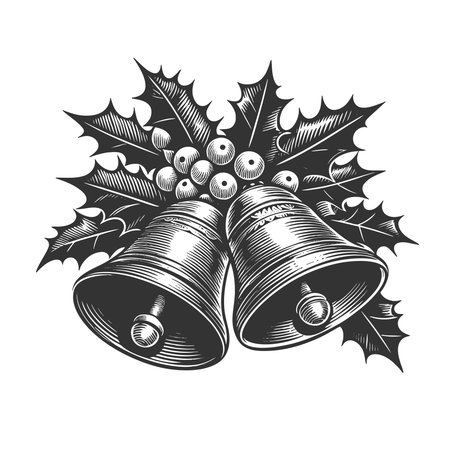 festive Christmas bells decorated with holly leaves, berries, and ribbon, symbolizing holiday cheer and celebration sketch engraving vector illustration. Scratch board. Black and white.のイラスト素材