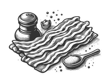 bacon slices with salt, pepper, and garlic, symbolizing cooking ingredients and savory flavor sketch engraving vector illustration. Scratch board imitation. Black and white image.のイラスト素材