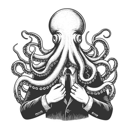 man in a suit with an octopus head, symbolizing multitasking, creativity, and complex thinking sketch engraving fictional character vector illustration. Scratch board. Black and white.のイラスト素材