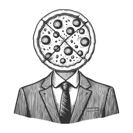 man in formal suit with a pizza head, humor, creativity, and surrealism sketch engraving generative ai fictional character vector illustration. Scratch board imitation. Black and white image.の素材