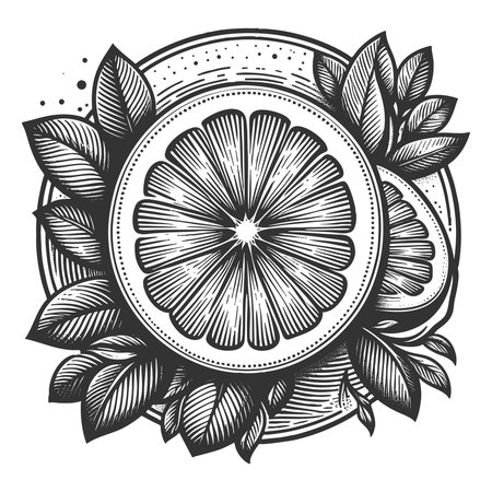 orange slices and whole fruit with leaves, symbolizing freshness, citrus flavor, and healthy nutrition sketch engraving vector illustration. Scratch board imitation. Black and white.のイラスト素材