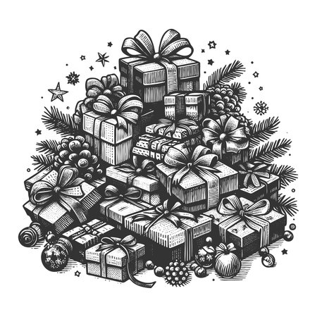 pile of decorated gift boxes tied with ribbons and bows, symbolizing celebration, holidays, and giving sketch engraving vector illustration. Scratch board imitation. Black and white.のイラスト素材