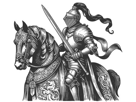 medieval knight in full armor riding a decorated horse, holding a sword with flowing banners sketch engraving fictional character vector illustration. Scratch board. Black and white.のイラスト素材