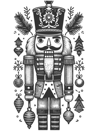 nutcracker soldier surrounded by Christmas ornaments, pine branches, poinsettias, and a wrapped gift sketch engraving raster illustration. Scratch board imitation. Black and white image.の写真素材