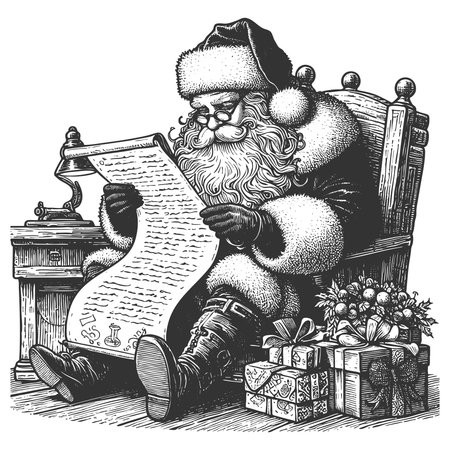 Santa Claus with sack of toys and presents, reading Christmas list, tradition and holiday spirit sketch engraving fictional character vector illustration. Scratch board. Black and white.のイラスト素材