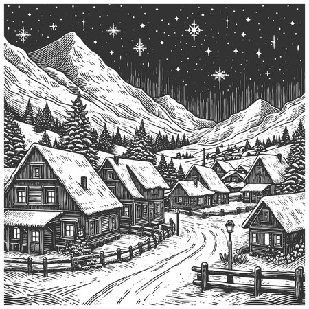 snowy village with wooden houses, church steeple, pine trees, and winter night sky atmosphere sketch engraving vector illustration. Scratch board imitation. Black and white image.のイラスト素材