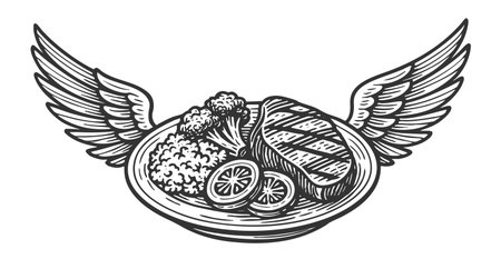 plate with grilled steak, vegetables, and lemon slices with wings, symbolizing gourmet food, delivery, or freedom sketch engraving generative ai vector illustration. Scratch board. Black and white.の素材