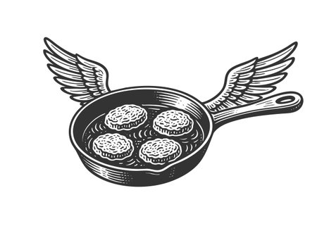 frying pan with wings, cooking patties or meatballs sketch engraving vector illustration. Scratch board imitation. Black and white image.のイラスト素材