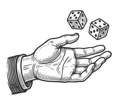 hand tossing two dice, symbolizing chance, risk, fate, or decision-making sketch engraving vector illustration. Scratch board imitation. Black and white image.のイラスト素材