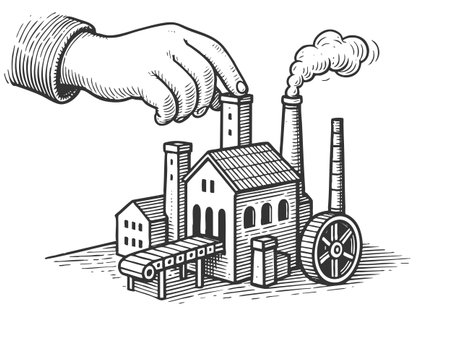 hand manipulating an industrial factory with smokestacks sketch engraving fictional character vector illustration. Scratch board imitation. Black and white image.のイラスト素材