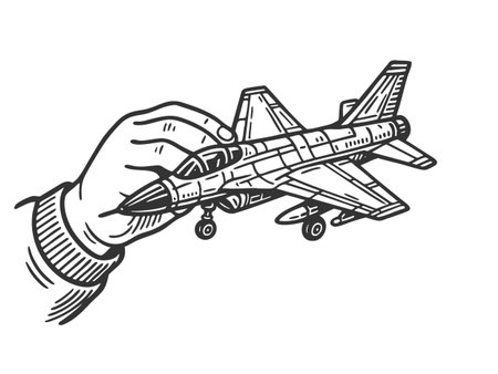child hand holding a toy jet rplane, representing imagination, adventure, and dreams of flight and aviation sketch engraving vector illustration. Scratch board. Black and white image.のイラスト素材