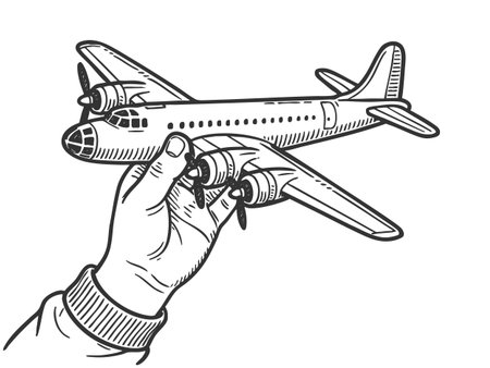 Child hand plays with bomber rcraft toy sketch engraving fictional character vector illustration. Scratch board imitation. Black and white image.のイラスト素材
