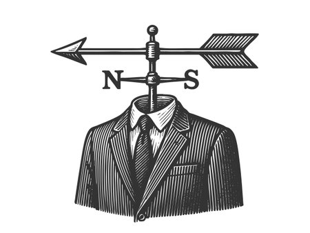 man with a weather vane head, indecision, direction, or change in surreal conceptual sketch...