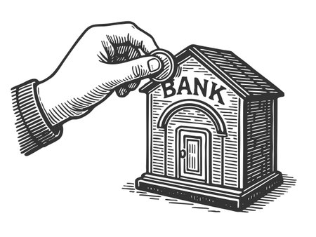 Child hand placing a coin into a small bank building, saving money, finance, or investment concepts sketch engraving vector illustration. Scratch board. Black and white image.のイラスト素材