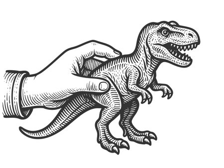 child hand holding a toy dinosaur figure, prehistoric adventure sketch engraving vector illustration. Scratch board. Black and white image.のイラスト素材
