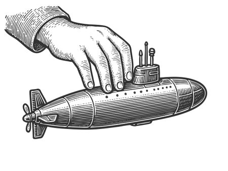 child hand playing a small toy submarine sketch engraving fictional character vector illustration. Scratch board imitation. Black and white image.のイラスト素材