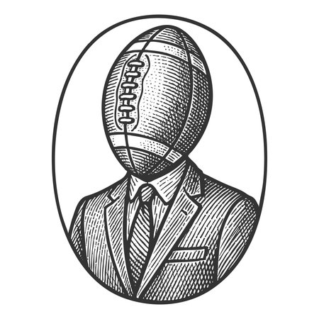 man in a suit with a rugby or football as his head, sketch engraving fictional character vector illustration. Scratch board imitation. Black and white image.のイラスト素材
