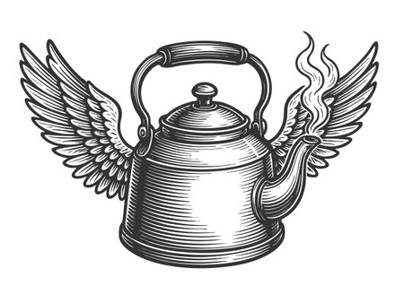 teapot with wings and steam sketch engraving fictional character vector illustration. Scratch board imitation. Black and white image.のイラスト素材