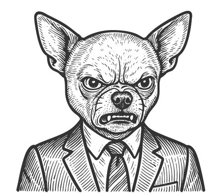 man in a suit with an angry dog head, sketch engraving fictional character vector illustration. Scratch board imitation. Black and white image.のイラスト素材