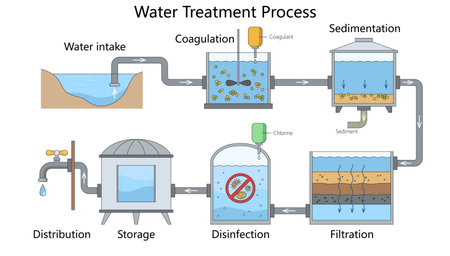 stages of water treatment including intake, coagulation, sedimentation, filtration, disinfection, storage, and distribution diagram hand drawn schematic vector. Science educational illustrationのイラスト素材