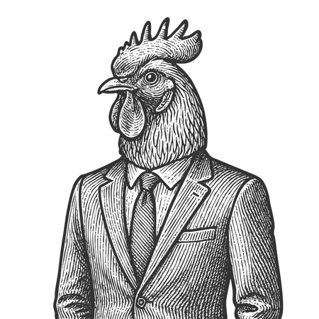 man in a suit with the head of a rooster, symbolizing confidence, pride, and authority in a surreal concept sketch engraving vector illustration. Scratch board. Black and white image.のイラスト素材