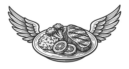 plate with grilled steak, vegetables, and lemon slices with wings, symbolizing gourmet food, delivery, or freedom sketch engraving generative ai raster illustration. Scratch board. Black and white.の素材