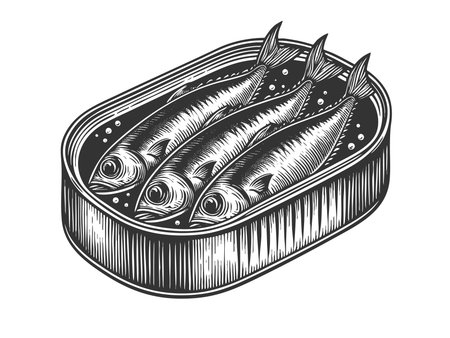 sardines packed neatly inside a metal tin, perfect for seafood, canned fish, or food packaging themes sketch engraving generative ai raster illustration. Scratch board imitation. Black and white imageの素材