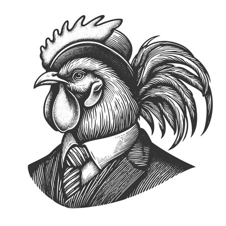 rooster dressed in a formal suit, tie, and hat, blending animal portraiture with humorous anthropomorphic style sketch engraving generative ai raster illustration. Scratch board. Black and white imageの素材