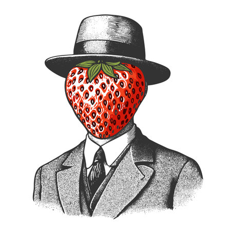 gentleman in classic clothing with a large strawberry humorously replacing his entire face sketch engraving generative ai fictional character raster illustration. Scratch board. Black and white image.の素材