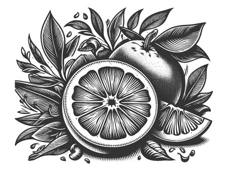 orange cut in half with leaves, highlighting freshness, citrus flavor, and natural nutrition sketch engraving generative ai raster illustration. Scratch board imitation. Black and white image.の素材