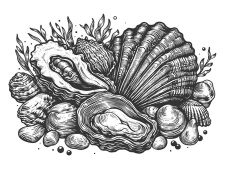seashells and oysters with seaweed, symbolizing marine life, ocean beauty, and coastal nature sketch engraving generative ai raster illustration. Scratch board imitation. Black and white image.の素材