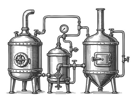 brewery tanks and pipes, depicting traditional beer brewing equipment with detled industrial craftsmanship sketch engraving vector illustration. Scratch board. Black and white image.のイラスト素材