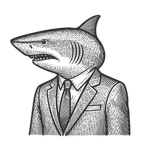 man in a suit with a shark head, symbolizing aggression, power, or corporate greed sketch engraving generative ai vector illustration. Scratch board imitation. Black and white image.の素材