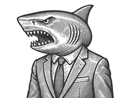 man in a suit with a shark head, symbolizing aggression, power, or corporate greed sketch engraving generative ai vector illustration. Scratch board imitation. Black and white image.の素材