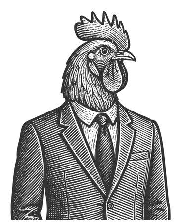 rooster dressed in a formal suit, tie, and hat, blending animal portraiture with humorous anthropomorphic style sketch engraving generative ai vector illustration. Scratch board. Black and white imageの素材
