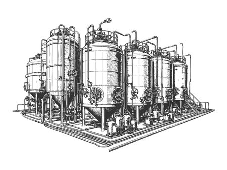 industrial distillation plant with tanks, pipes, and gauges, depicting a complex chemical or brewing process sketch engraving vector illustration. Scratch board. Black and white image.のイラスト素材
