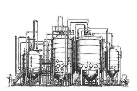 industrial distillation plant with tanks, pipes, and gauges, depicting a complex chemical or brewing process sketch engraving vector illustration. Scratch board. Black and white image.のイラスト素材