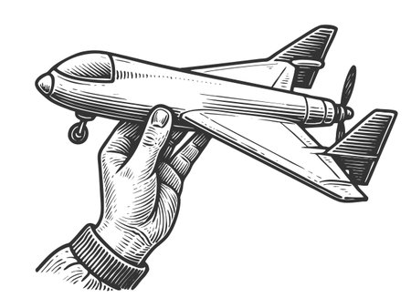 hand holding a toy propeller rplane sketch engraving fictional character vector illustration. Scratch board imitation. Black and white image.のイラスト素材