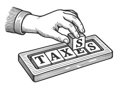 hand placing the final letter block in the word TAXES, symbolizing finance and economic burden sketch engraving vector illustration. Scratch board imitation. Black and white image.のイラスト素材