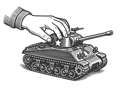 hand holding a toy military tank, symbolizing war themes, childhood play, and historical conflict sketch engraving fictional character vector illustration. Scratch board. Black and whiteのイラスト素材