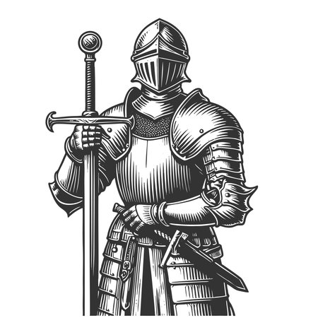 medieval knight in full plate armor with flowing plume, holding a large sword, symbolizing honor and strength sketch engraving vector illustration. Scratch board. Black and white image.のイラスト素材