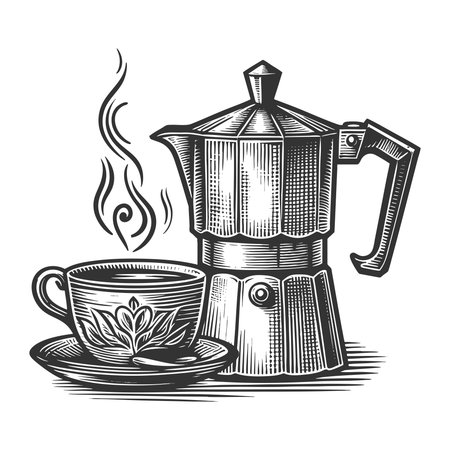 Coffee pot and steaming coffee cup, perfect for cafe design, menus, posters, or branding sketch engraving vector illustration. Scratch board imitation. Black and white image.のイラスト素材